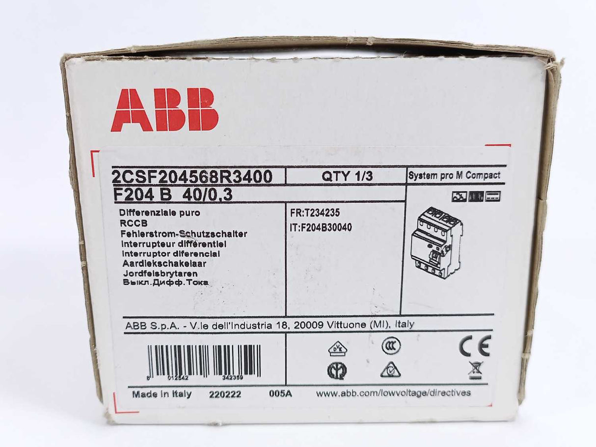 ABB 2CSF204568R3400 F204 B-40/0.3 Residual Current Circuit Breaker