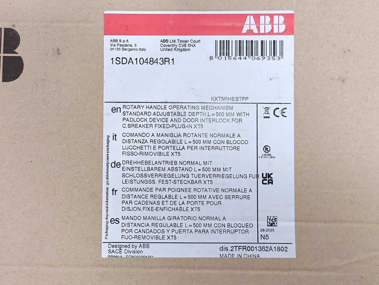 ABB 1SDA104843R1 RHE XT5 F/P STAND. RETURNED Rotary Handle Mechanism