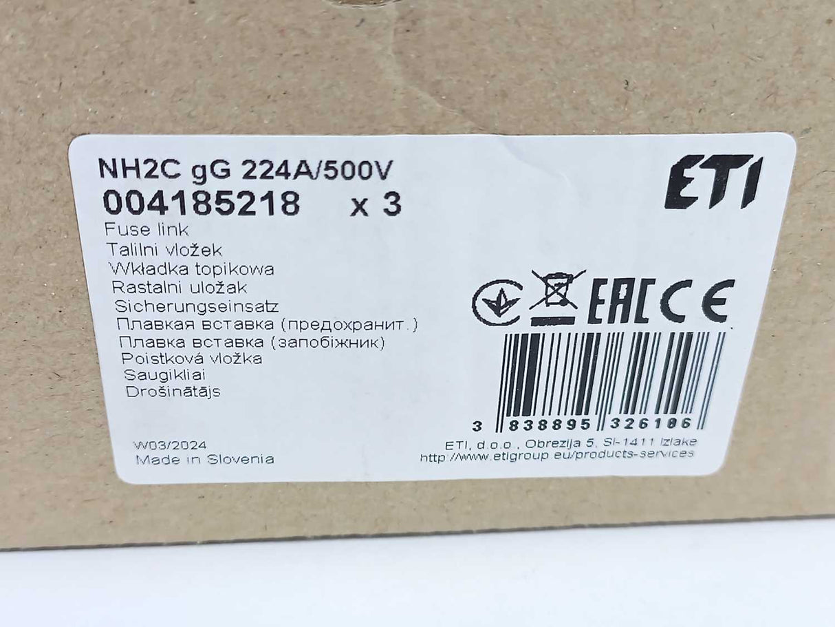ETI 004185218 NH2C gG 224A/500V Fuse Link. Box of 3 pcs.