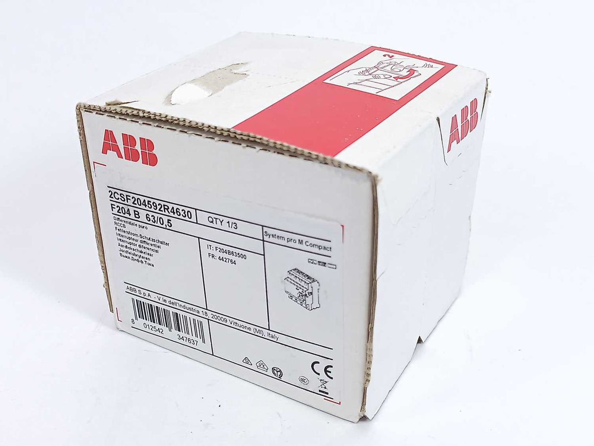 ABB 2CSF204592R4630 F204 B-63/0.5 Residual Current Circuit Breaker 4P 500mA 63A