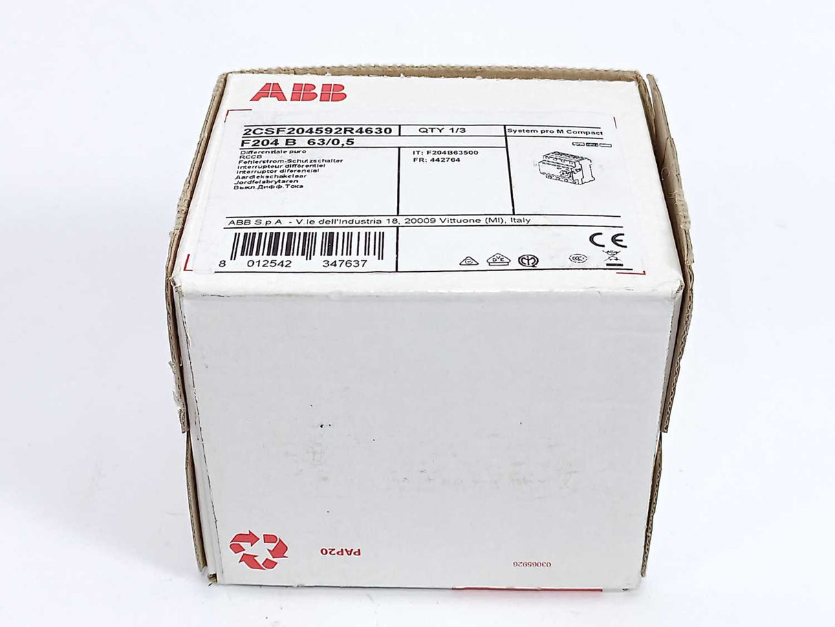 ABB 2CSF204592R4630 F204 B-63/0.5 Residual Current Circuit Breaker 4P 500mA 63A