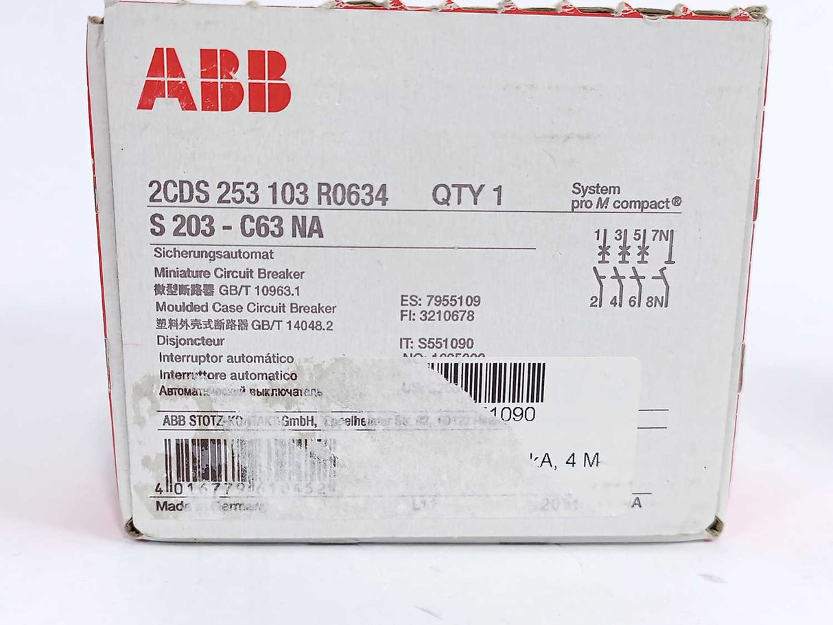 ABB 2CDS253103R0634 S203-C63NA Miniature Circuit Breaker 3P+N - 63A - C - 6kA