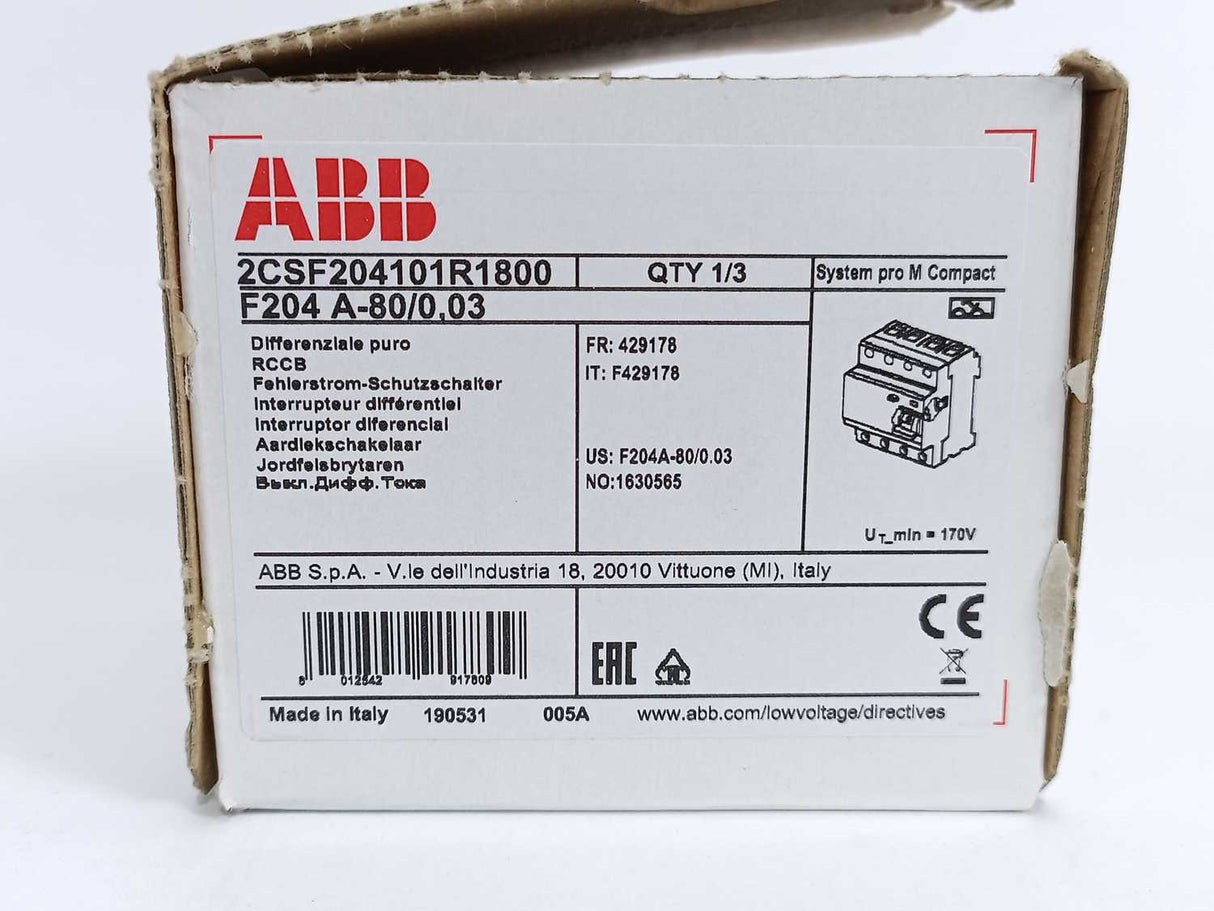 ABB 2CSF204101R1800 F204 A-80/0.03 Residual Current Circuit Breaker