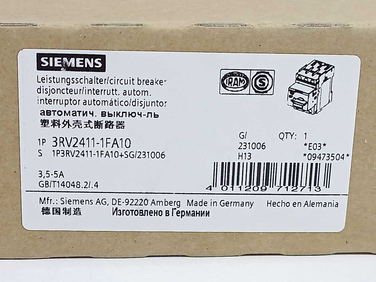 Siemens 3RV2411-1FA10 3.5-5A 3RV2 Motor Protection Circuit Breaker