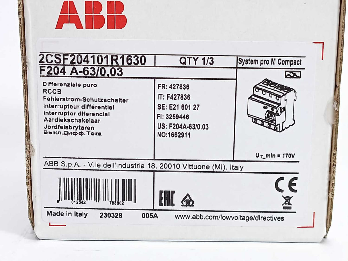 ABB 2CSF204101R1630 F204 A-63/0.03 Residual Current Circuit Breaker