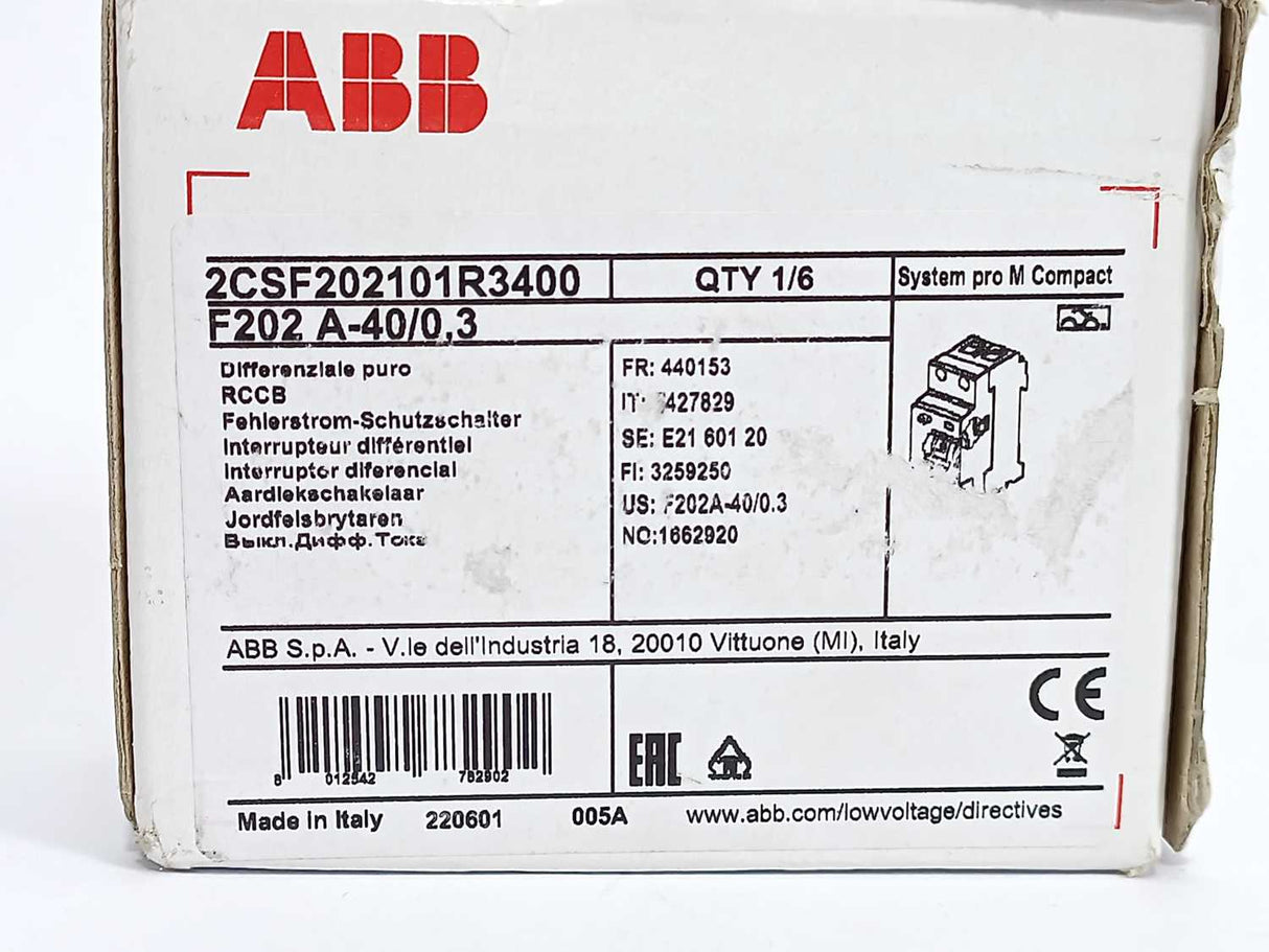 ABB 2CSF202101R3400 F202 A-40/0.3 Residual Current Circuit Breaker 2P 300mA 40A