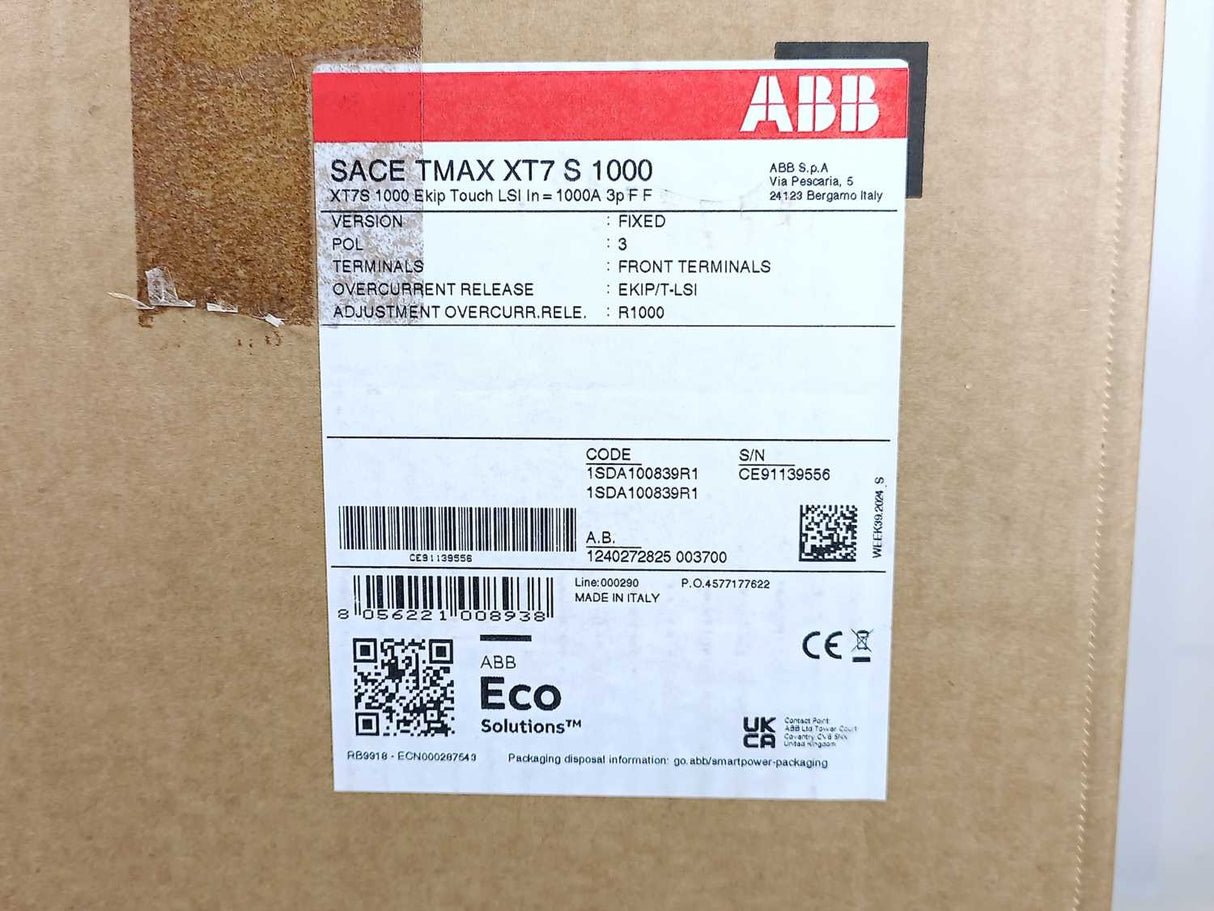 ABB 1SDA100839R1 XT7S 1000 Ekip Touch LSI In=1000A 3p F F Circuit Breaker
