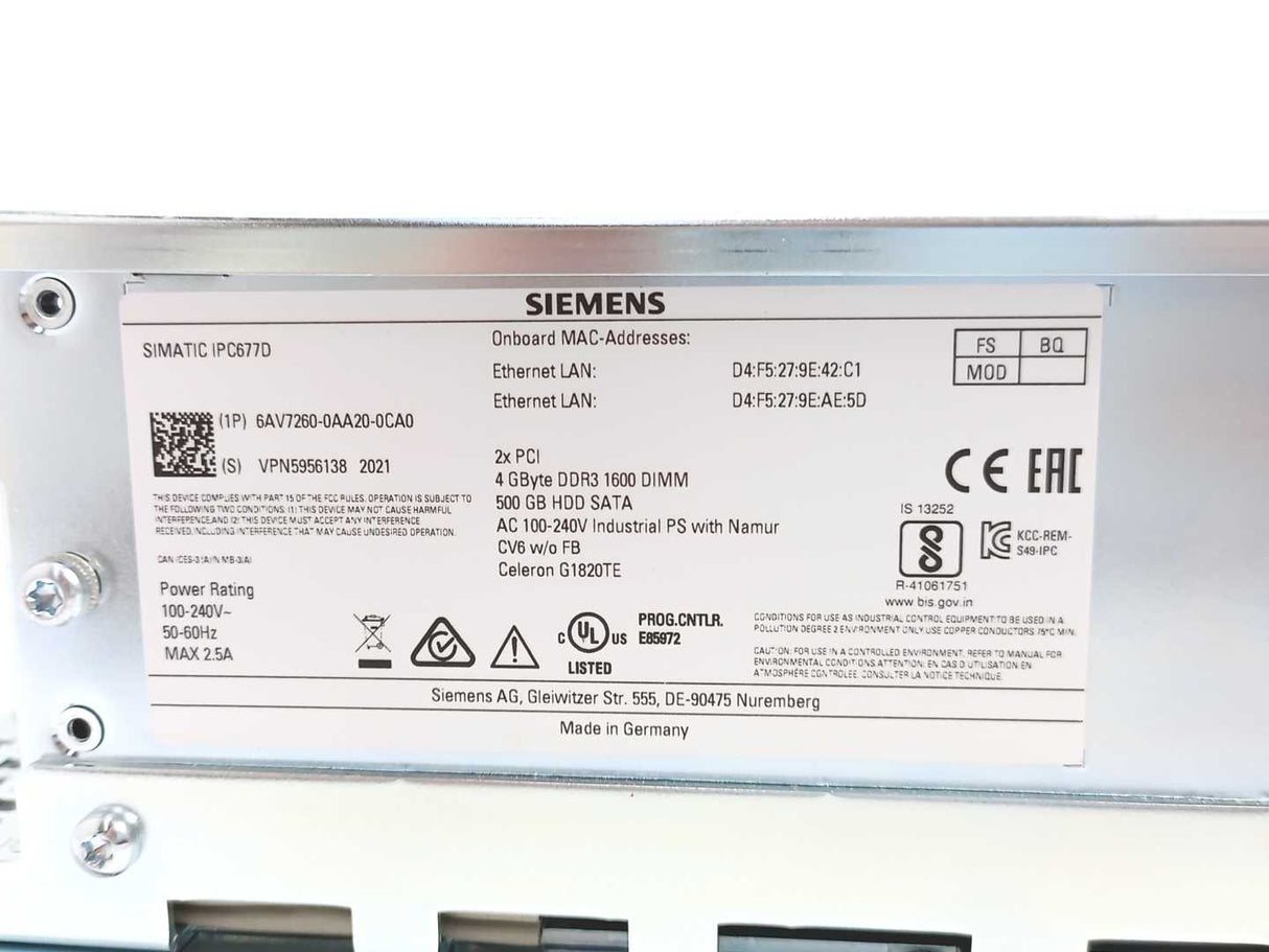 Siemens 6AV7260-0AA20-0CA0 SIMATIC IPC677D, 15" Touch Panel PC A5E31896115