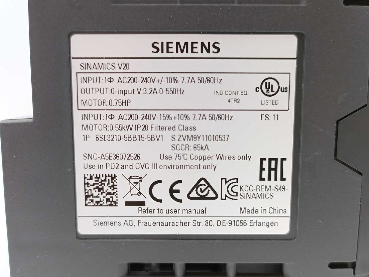 Siemens 6SL3210-5BB15-5BV1 SINAMICS V20, 1AC 230V 0,55kW Inverter