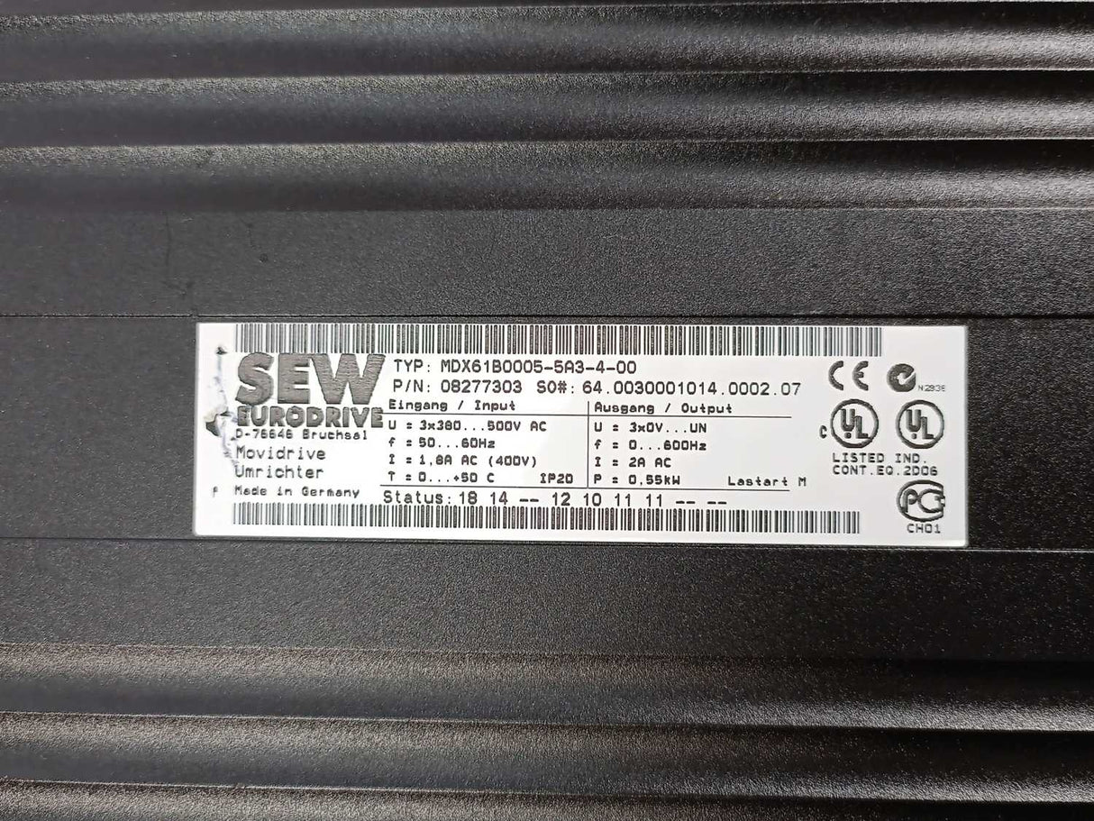 SEW-EURODRIVE 08277303 MDX61B0005-5A3-4-00 Movidrive Inverter w/ 18204058