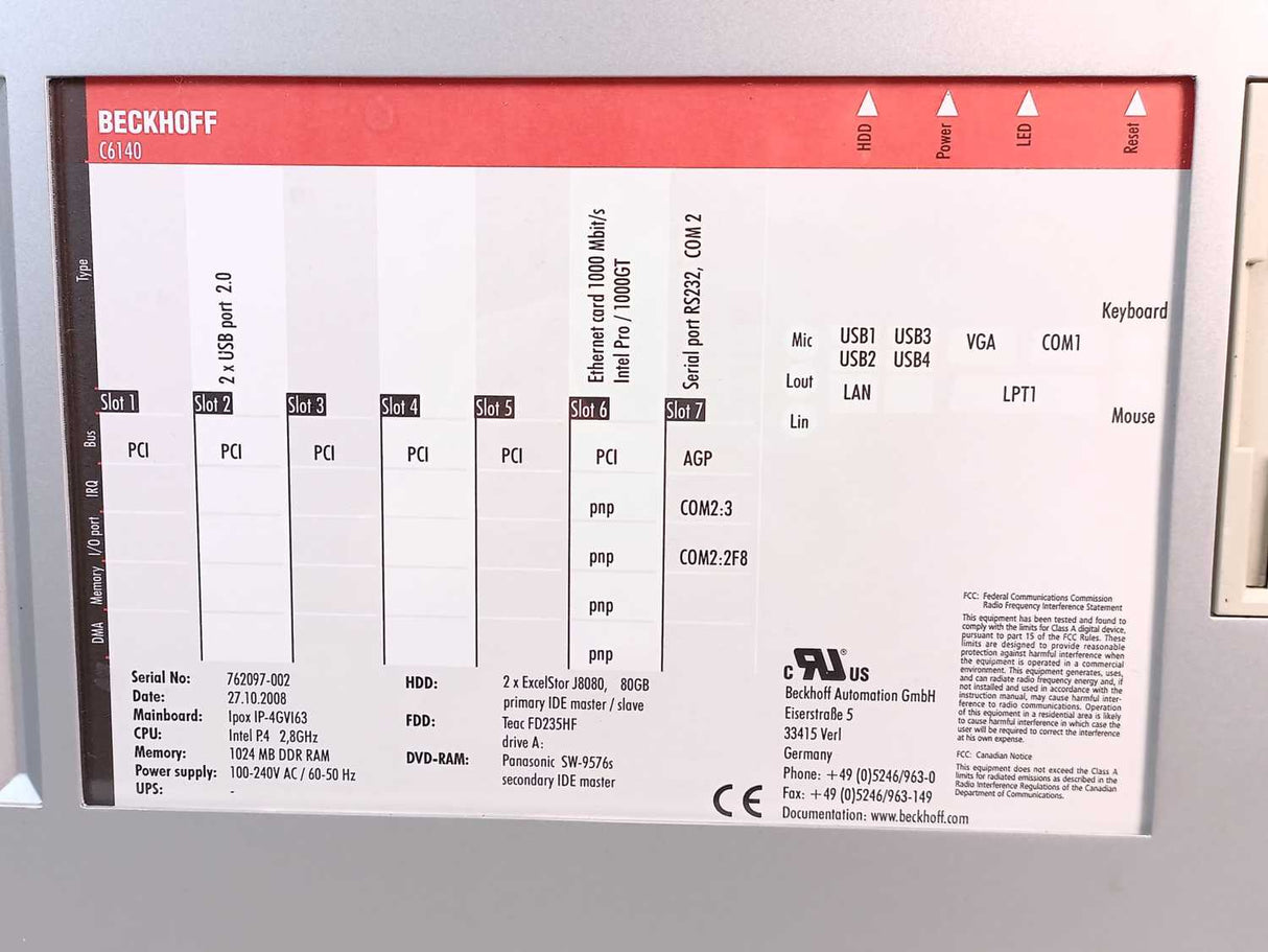 Beckhoff C6140 Control cabinet Industrial PC, Main Board: iPOX IP-4GVI63