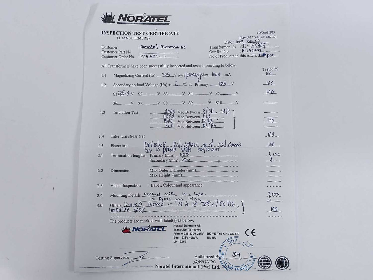 Noratel TI-190709 Transformer, Prim: 0-225-230V-235V, Sec: 235V, 10kVA, LK1924B