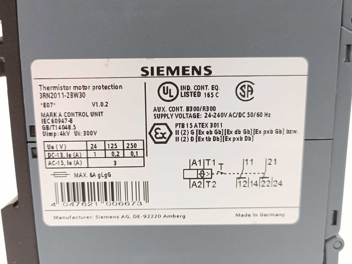 Siemens 3RN2011-2BW30 Thermistor Motor Protection Relay