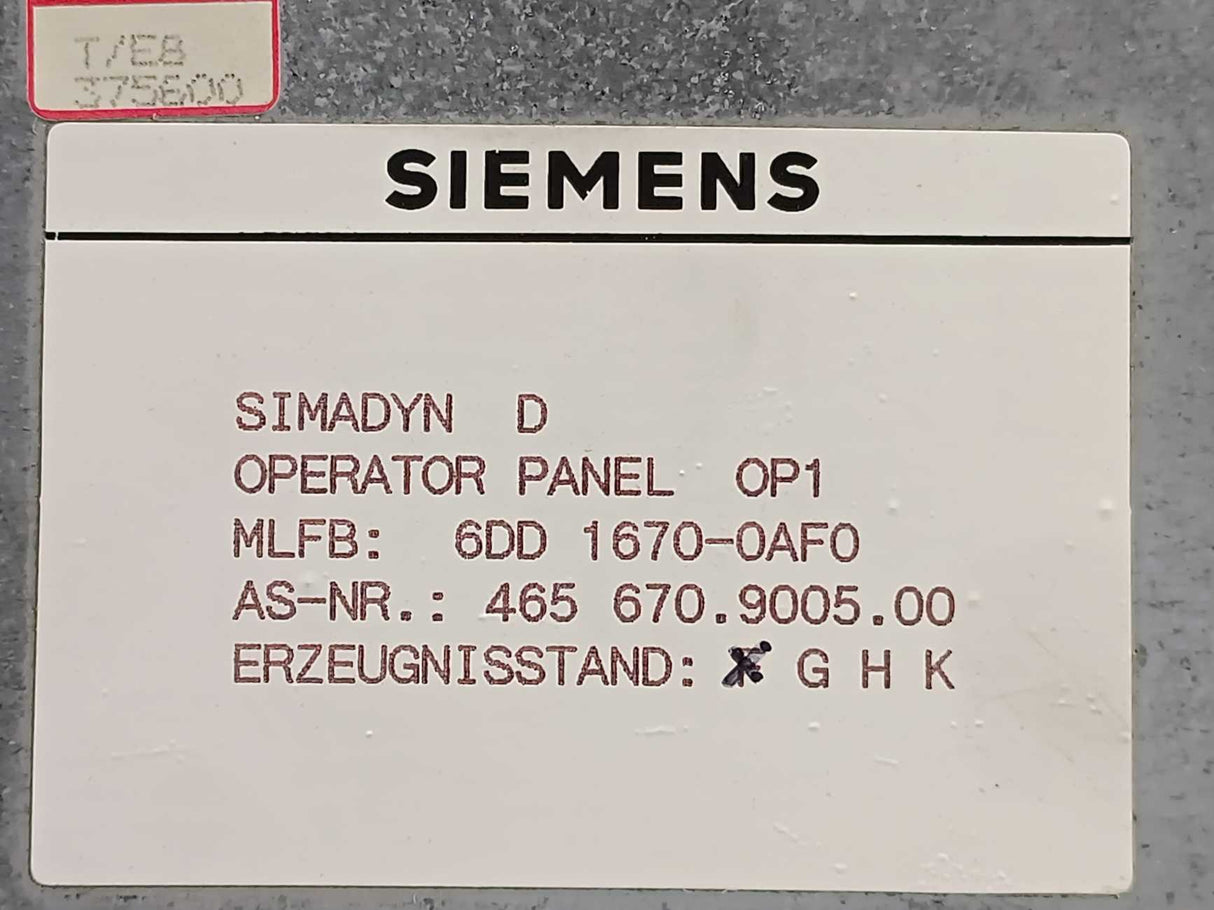 Siemens 6DD1670-0AF0 SIMADYN D Operator Panel - 465 670.9005.00