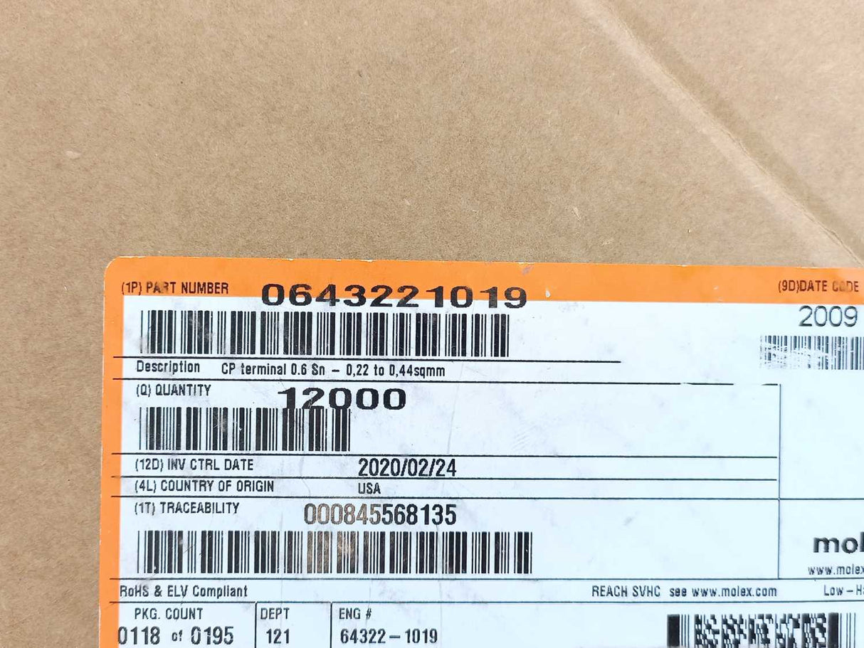 Molex 0643221019 CP Terminal 0.6Sn-0.22 To 0.44sqmm Crimp Tin ~9000pcs.