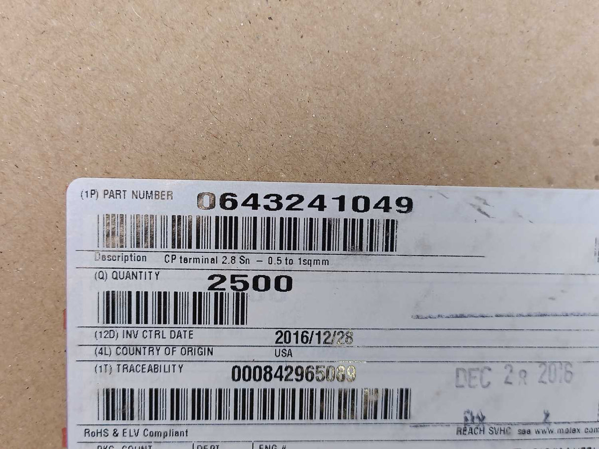 Molex 0643241049 CP Terminal 2.8Sn-0.5 To 1sqmm Crimp Tin ~1900pcs.