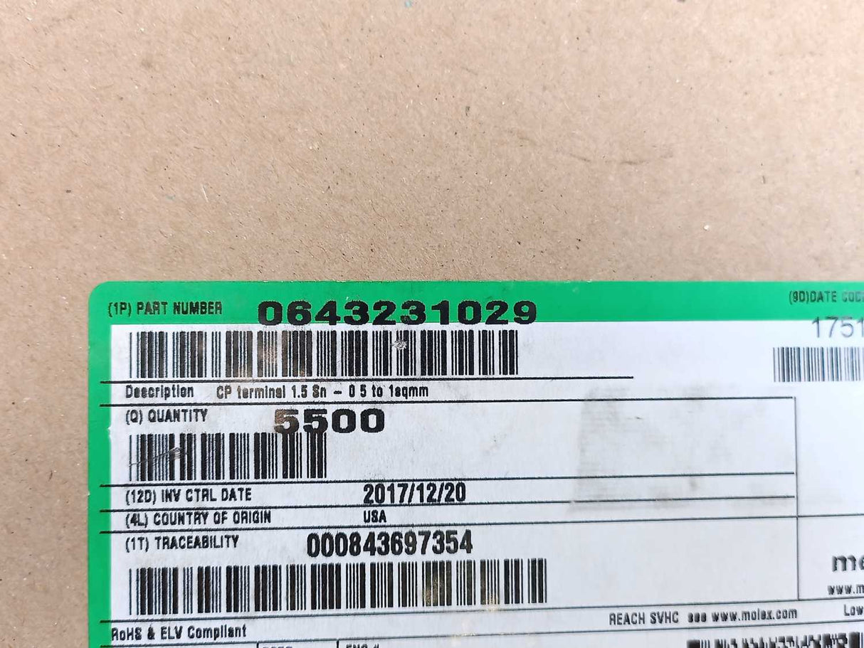 Molex 0643231029 CP Terminal 1.5Sn-05 to 1sqmm 5500pcs.
