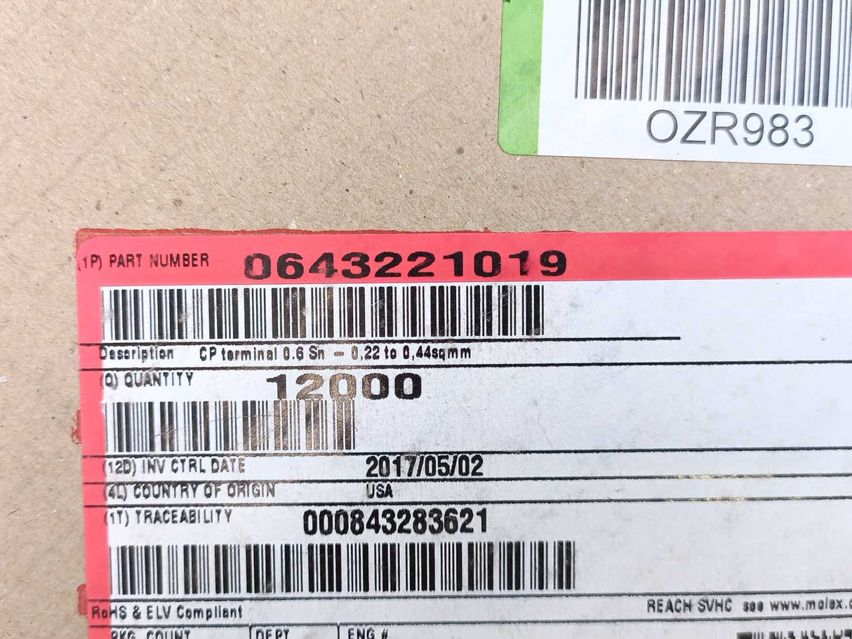 Molex 0643221019 CP Terminal 0.6Sn-0.22 To 0.44sqmm Crimp Tin ~12000pcs.
