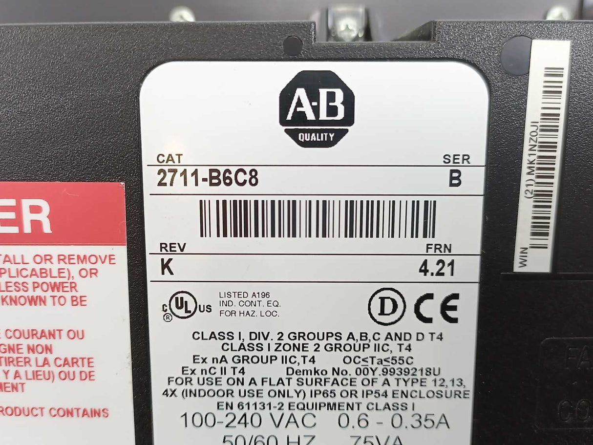 AB 2711-B6C8 Ser. B PanelView 600 Operator Terminal. Backlight Defect