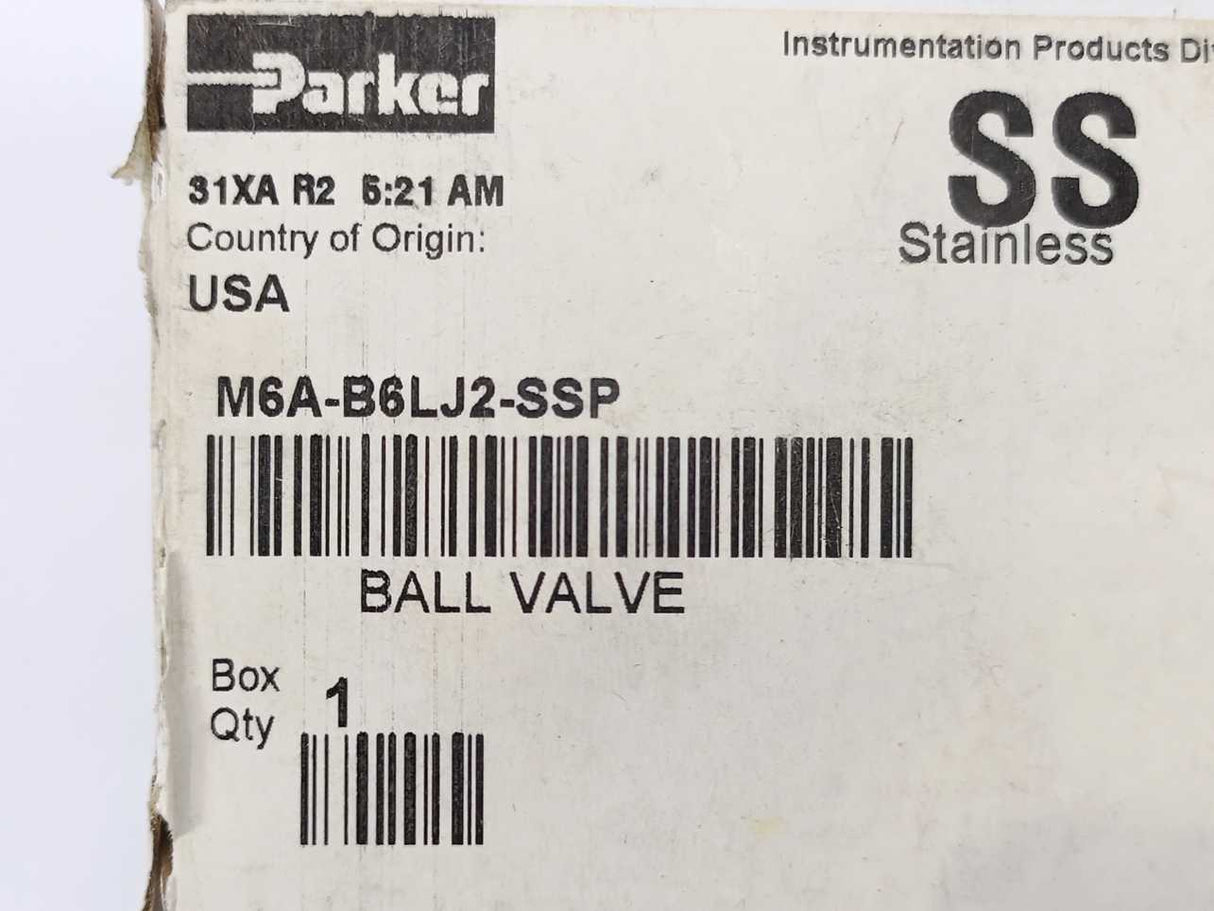 Parker M6A-B6LJ2-SSP B Series Ball Valve Instrumentation Valves