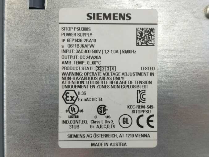 Siemens 6EP1436-2BA10 SITOP PSU300S 24V 20A Power Supply