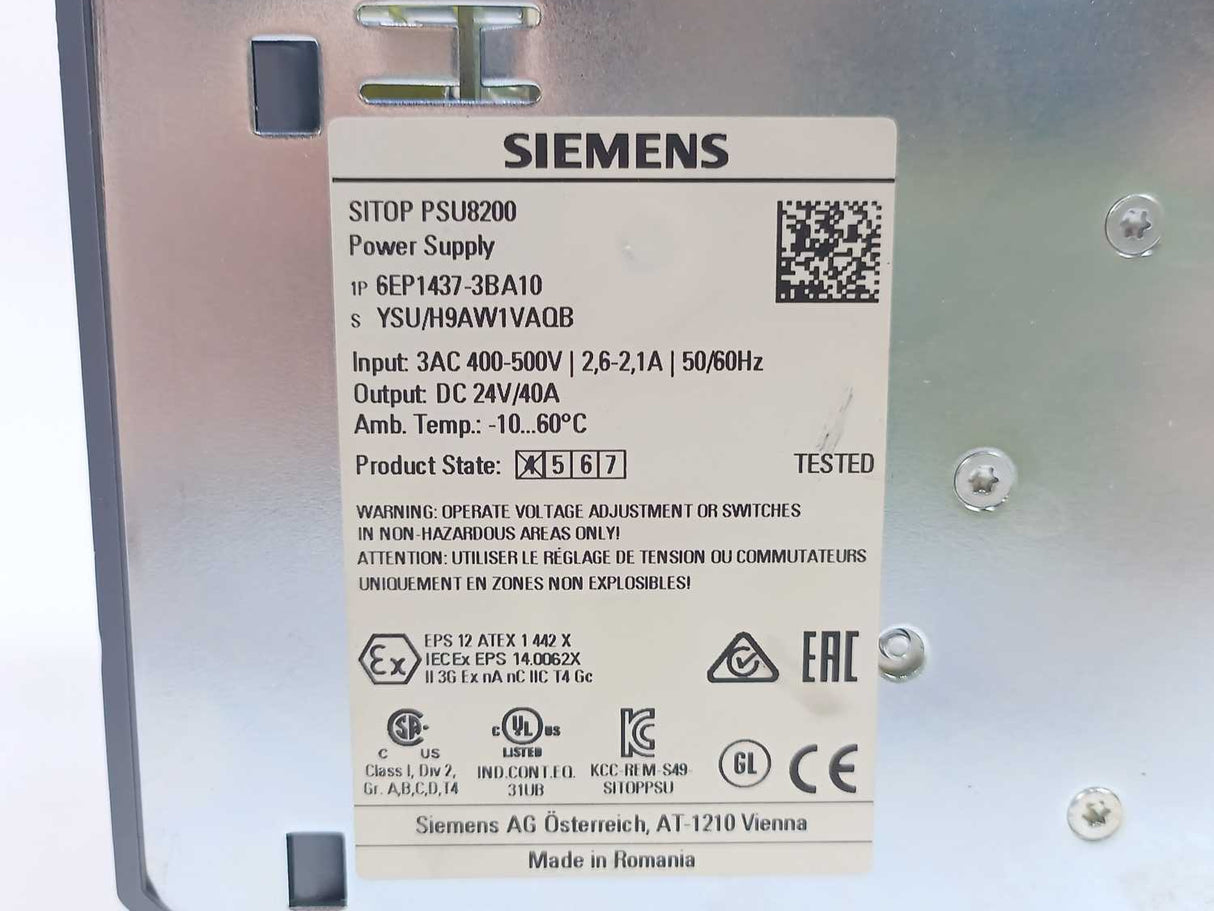 Siemens 6EP1437-3BA10 Sitop PSU300M Power Supply 24C 40A