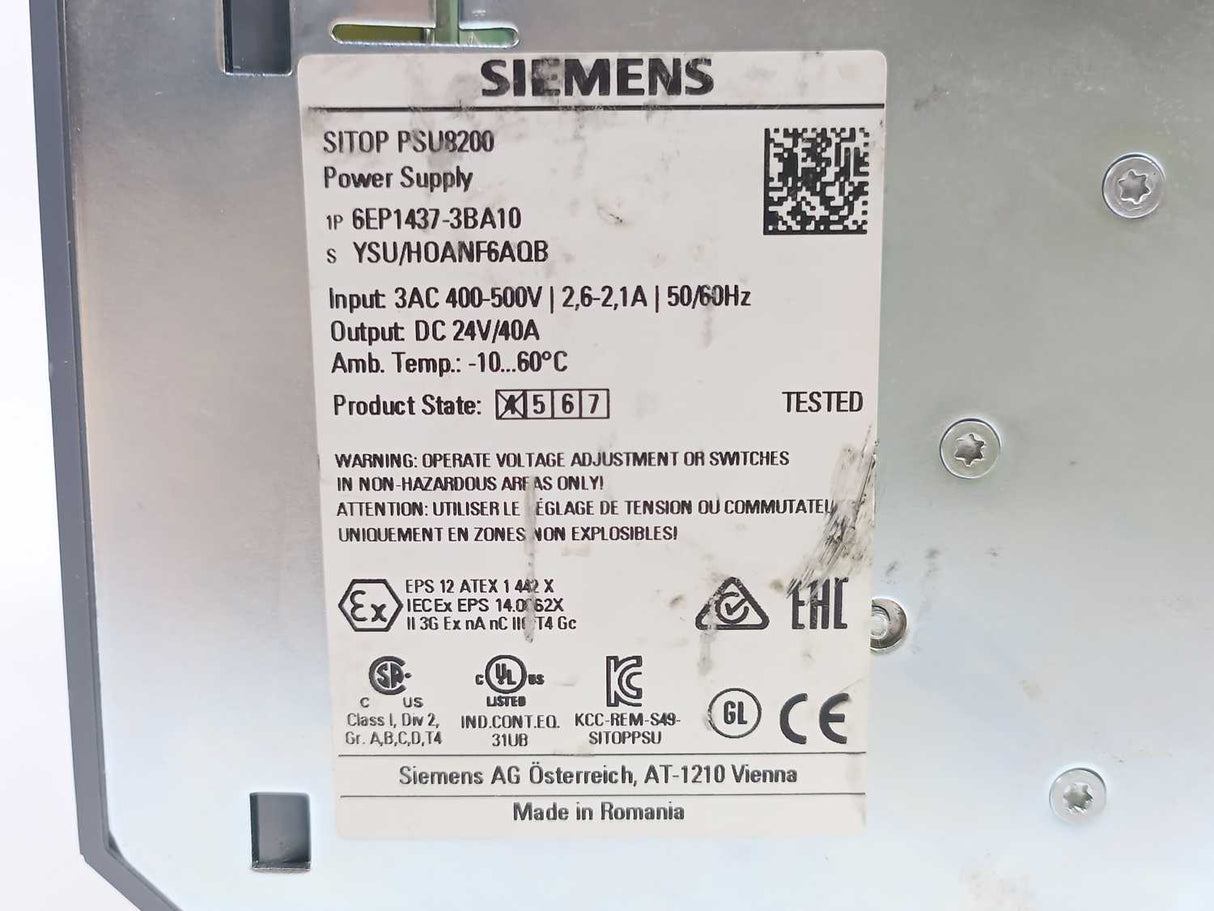 Siemens 6EP1437-3BA10 Sitop PSU300M Power Supply 24C 40A