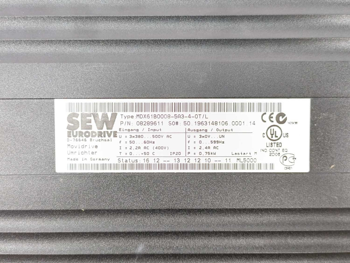 SEW-EURODRIVE MDX61B0008-5A3-4-0T/L Movidrive 08289611 w/ Control DBG60B-01