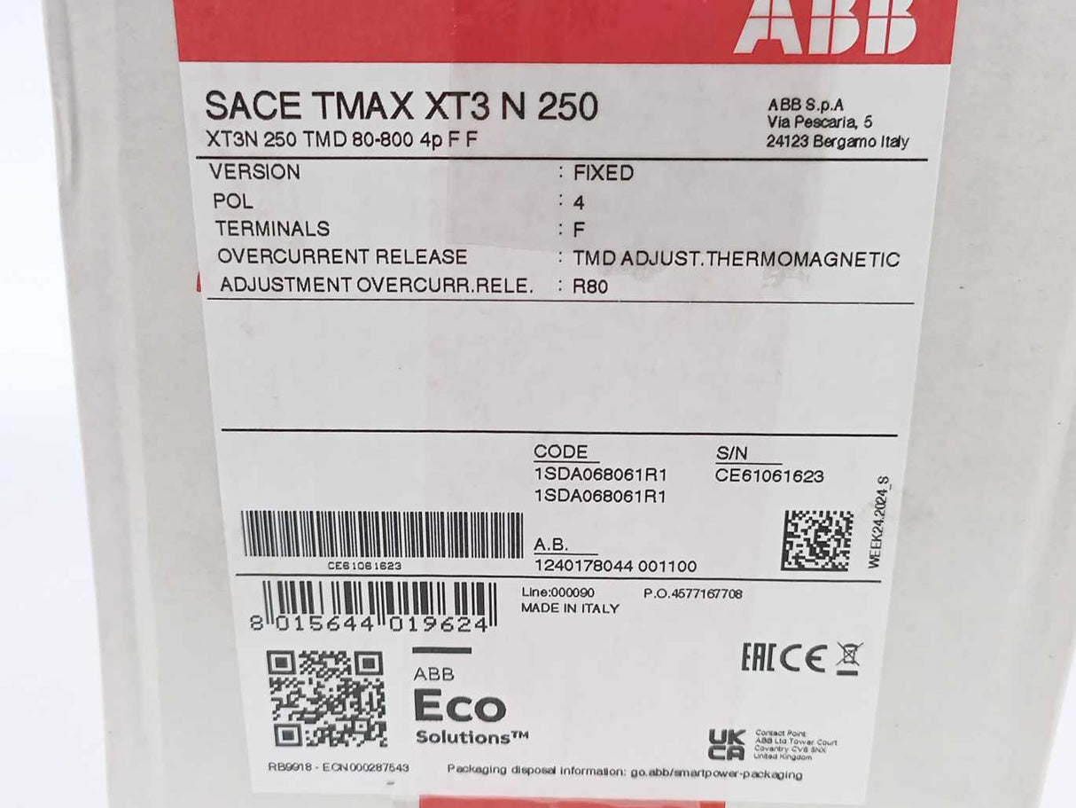 ABB 1SDA068061R1 Tmax XT3N 250 TMD 80-800 4p F F