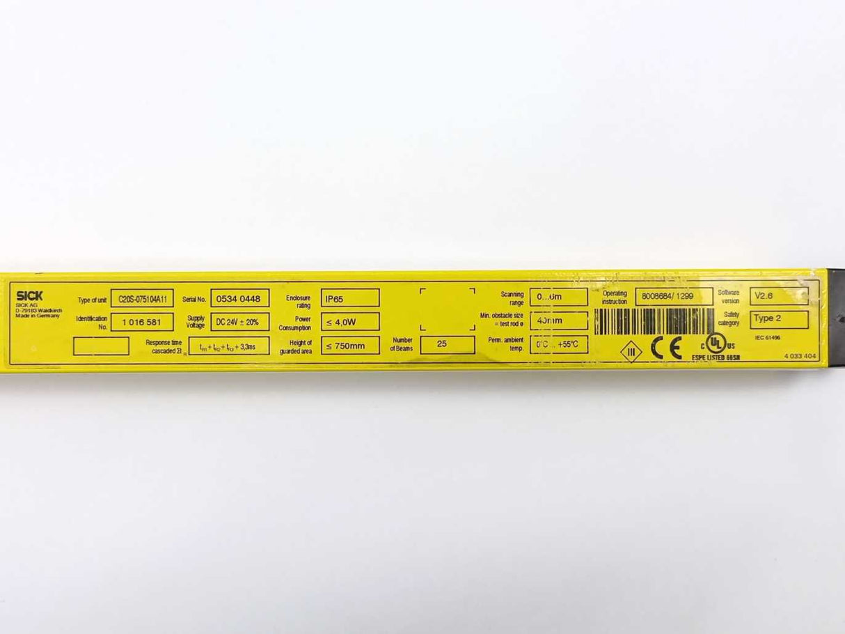 SICK 1016581 C20S-075104A11 & 1016582 C20E-075304A11 Safety Light Curtain Kit
