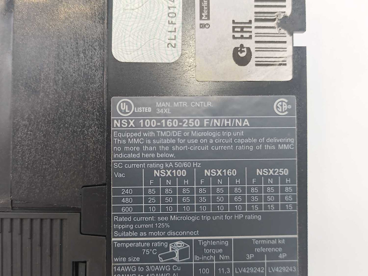 Schneider Electric LV429003 NSX 100F Compact Circuit Breaker 50/60Hz