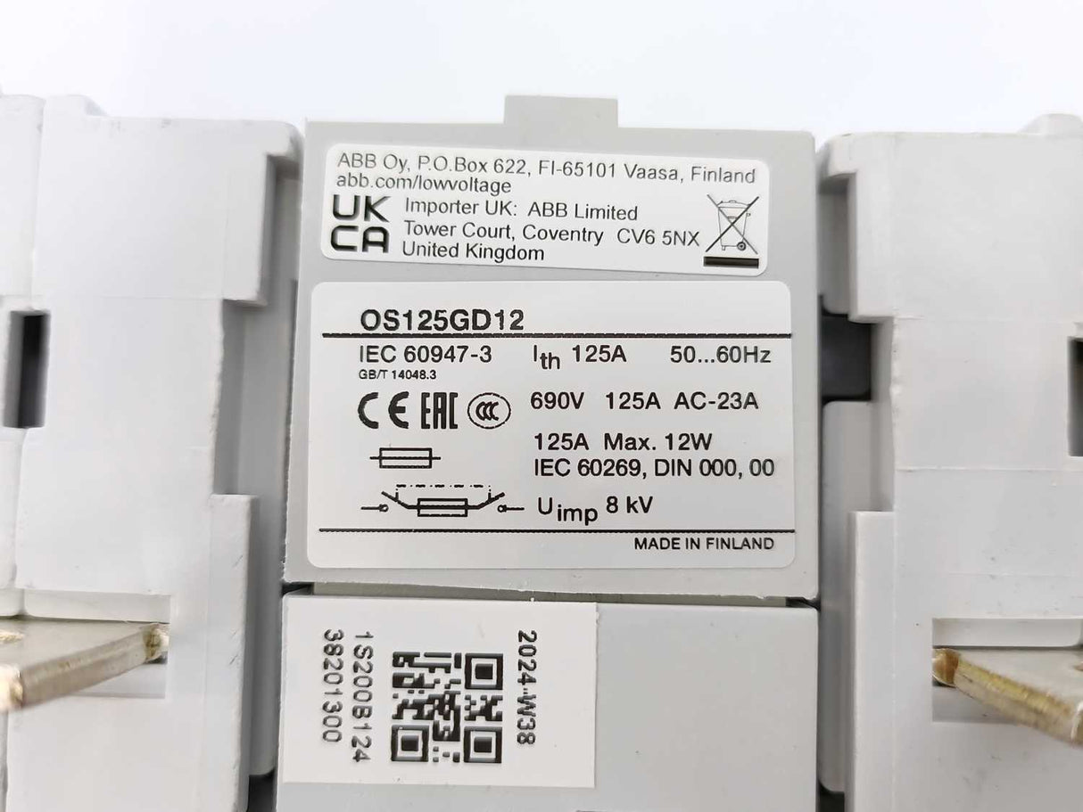 ABB OS125GD12 1SCA115696R1001 Switch-Disconnector Fuse 125A 3-Pole