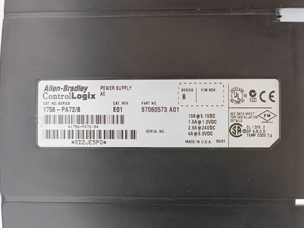 AB 1756-PA72/B Ser. B Power Supply AC w/ 1756-A7 Chassis