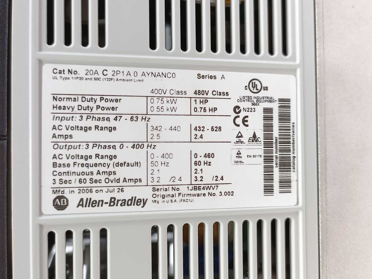 AB 20A C 2P1A 0 AYNANC0 SER. A PowerFlex 70 AC Drive 20A