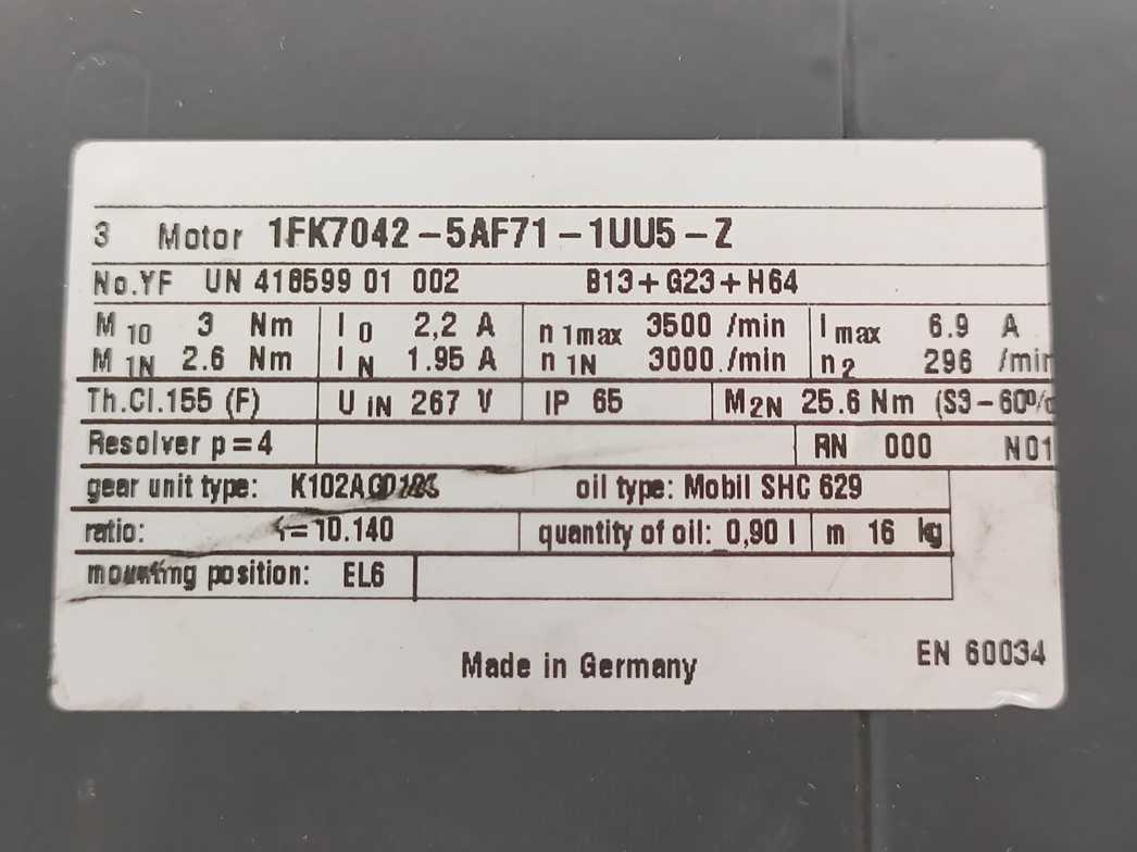 Siemens 1FK7042-5AF71-1UU5-Z SIMOTICS S Synchronous Servo Motor