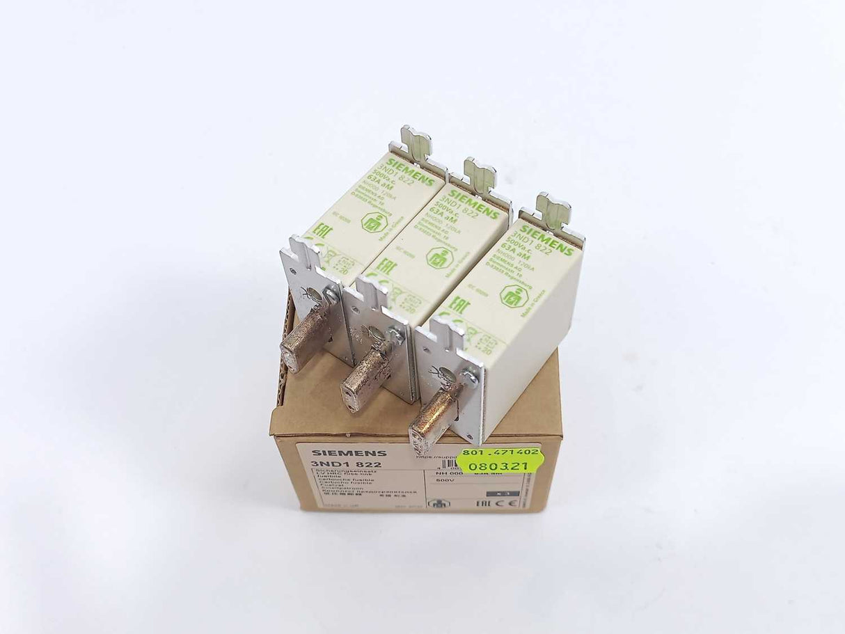 Siemens 3ND1822 LV HRC Fuse NH000 63A aM 500Vac Batch 3 Pcs.