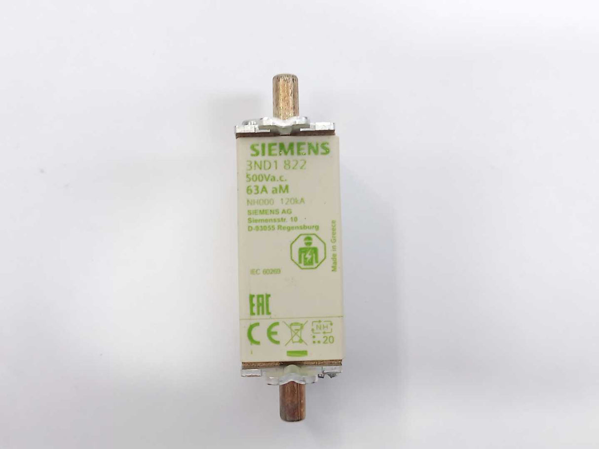 Siemens 3ND1822 LV HRC Fuse NH000 63A aM 500Vac Batch 3 Pcs.