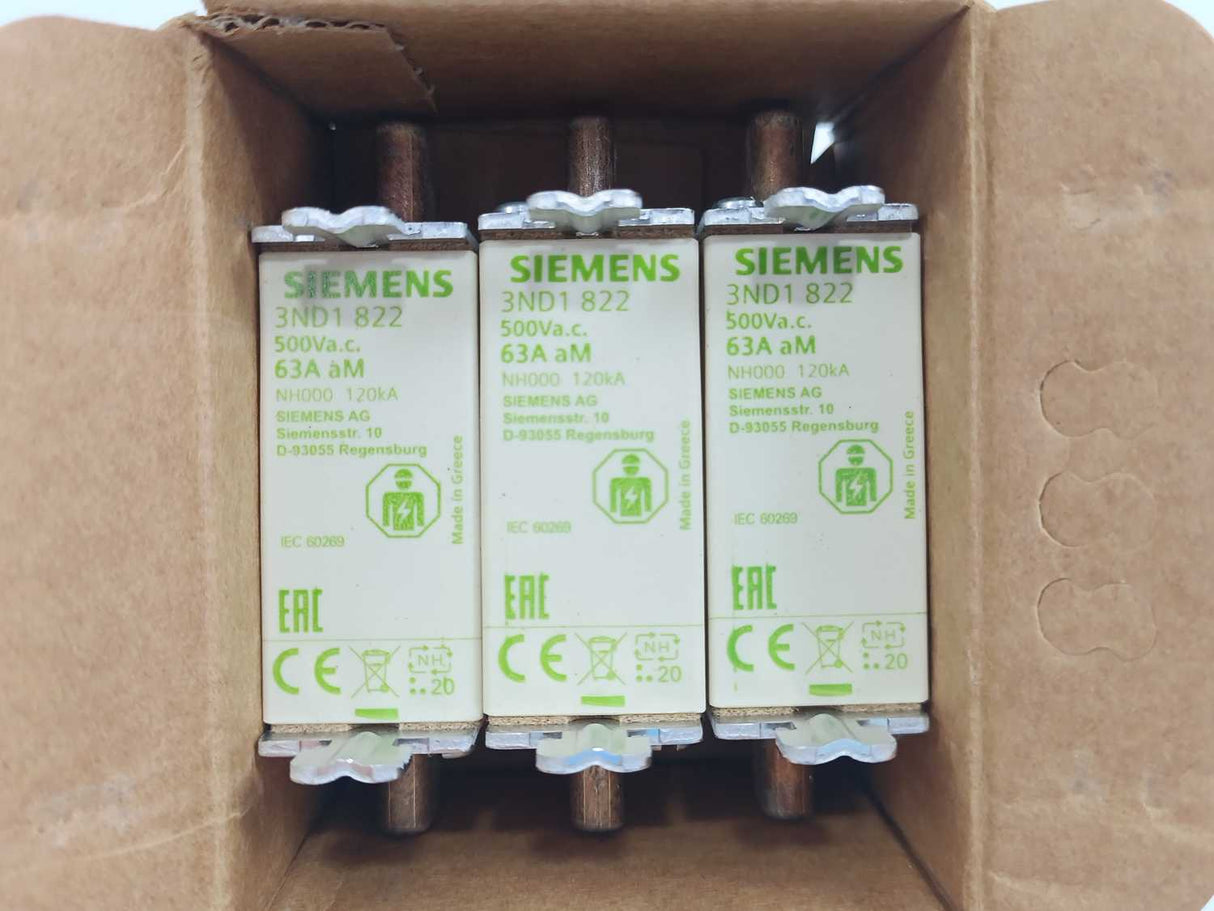 Siemens 3ND1822 LV HRC Fuse NH000 63A aM 500Vac Batch 3 Pcs.