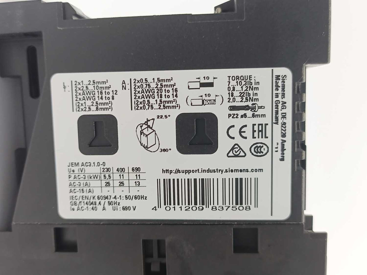 Siemens 3RT2026-1BB44-3MA0 SIRIUS Power Contactor w/A8E56200509430 Contact Block