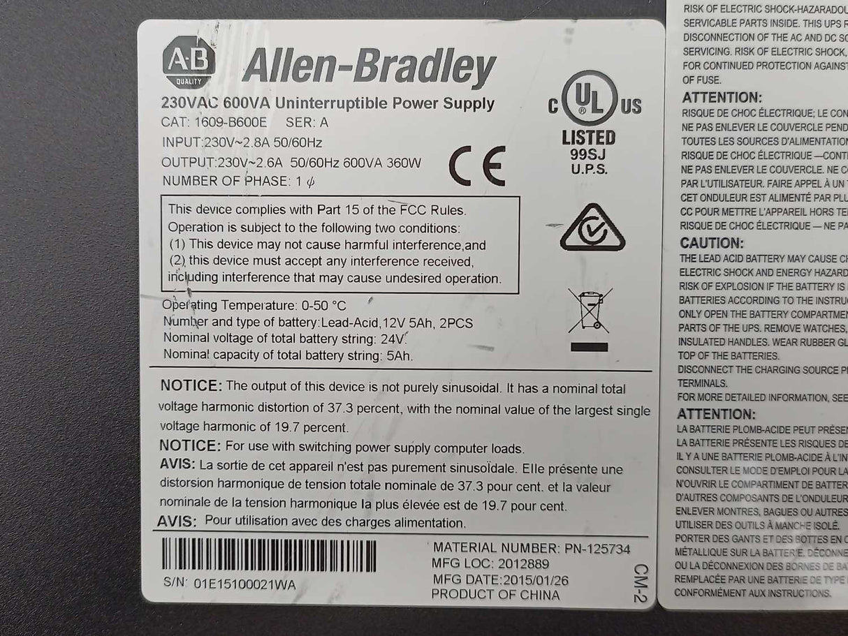 AB 1609-B600E Uninterruptible Power Supply 230VAC 600VA