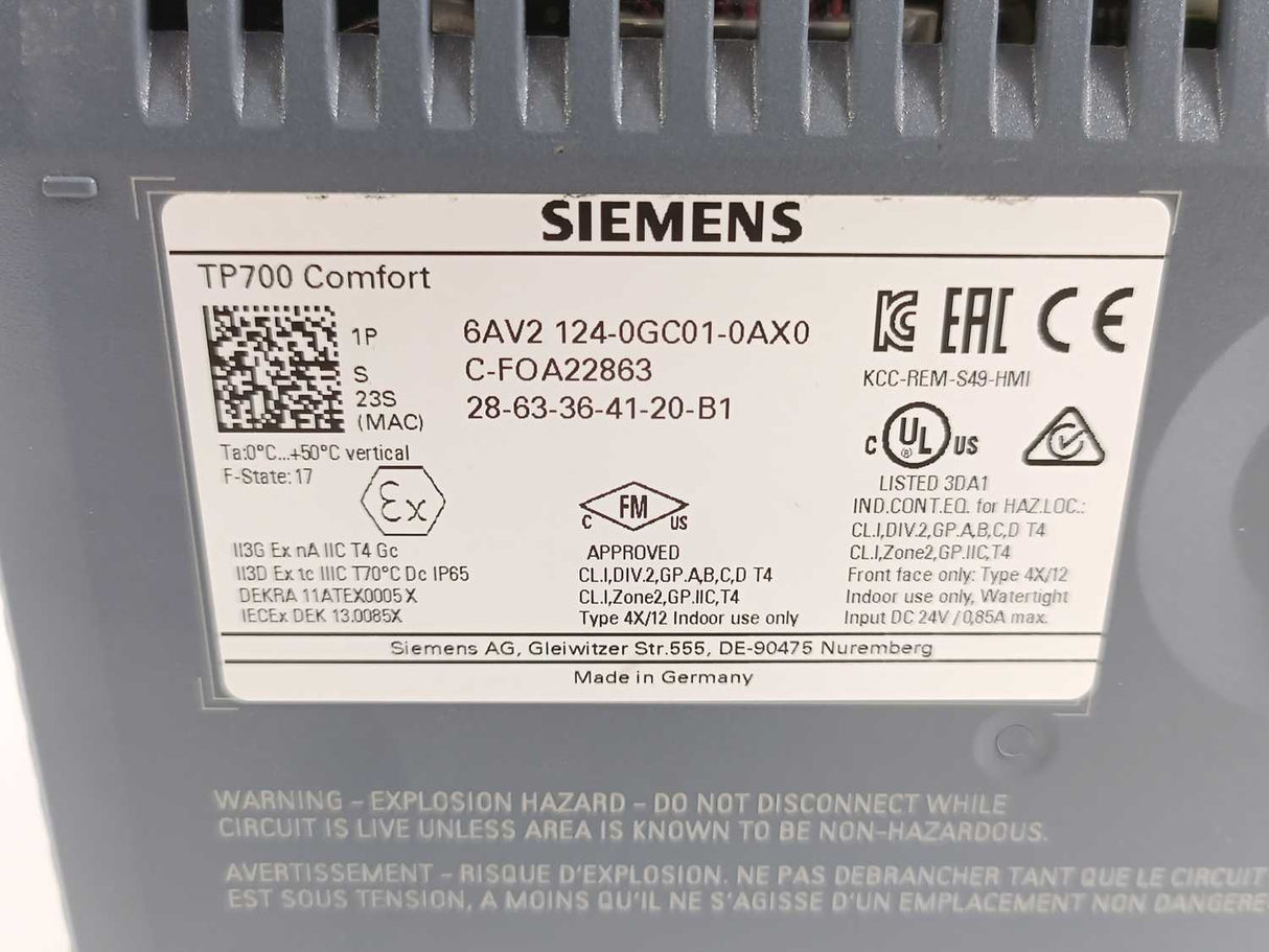 Siemens 6AV2124-0GC01-0AX0 SIMATIC HMI TP700 Comfort Panel