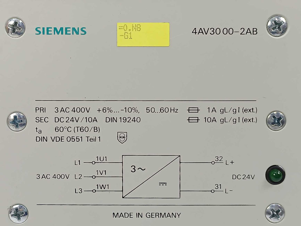 Siemens 4AV3000-2AB Three-Phase Transformer DC 24V / 10A