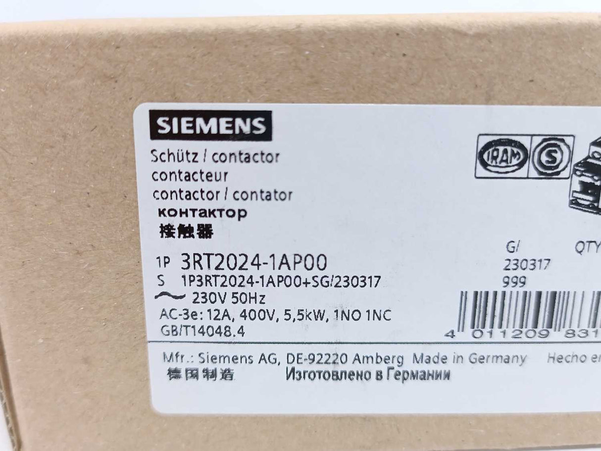 Siemens 3RT2024-1AP00 Contactor AC3:5,5KW