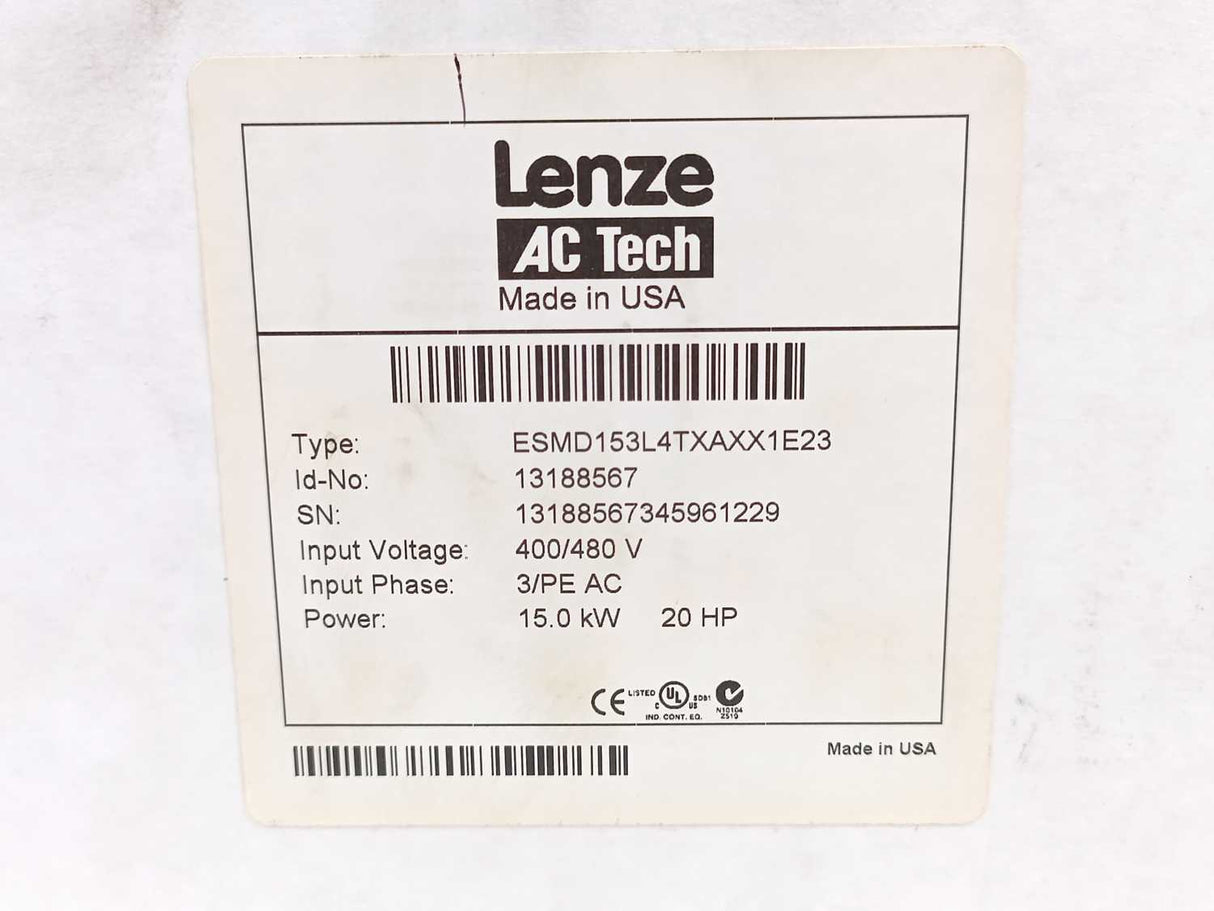 LENZE 13188567 Frequency Inverter ESMD153L4TXAXX1E23