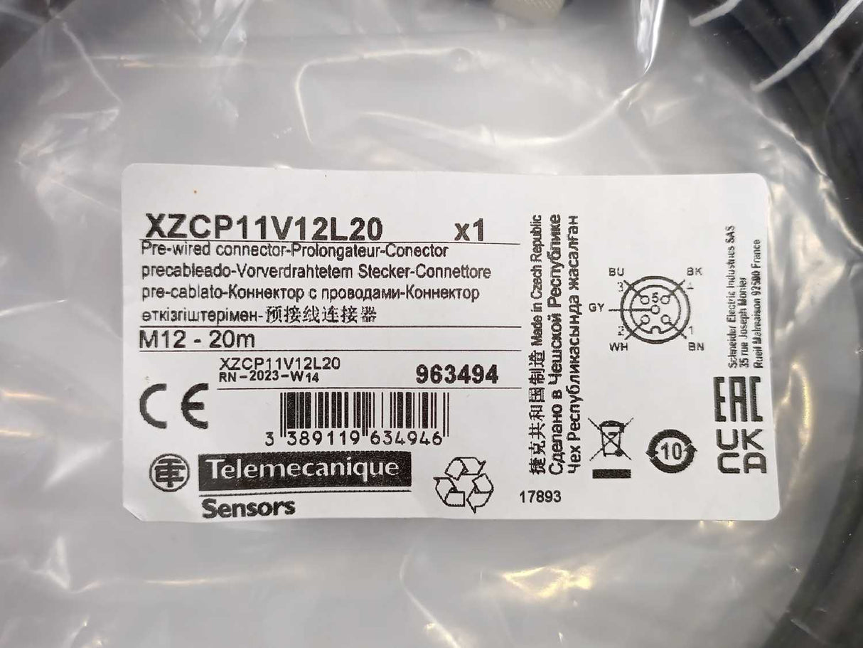 TELEMECANIQUE XZCP11V12L20 Pre-wired 5 Pin Connector M12 - 20m
