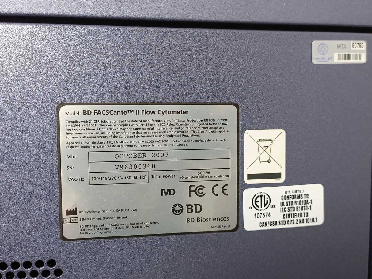 BD Biosciences BD FACSCanto™ II Flow Cytometer 100/115/230V, 50/60Hz, Max P:500W