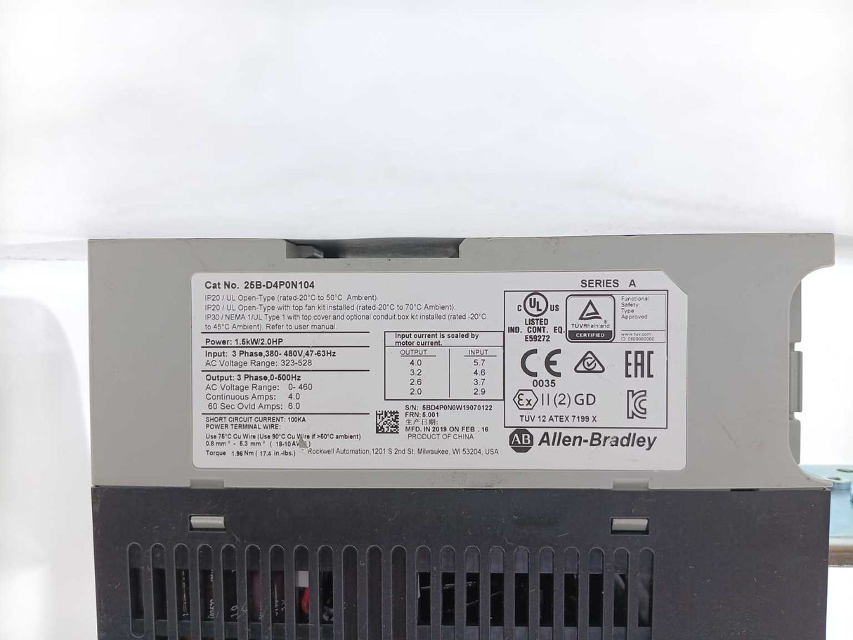 AB 25B-D4P0N104 Ser. A, AC Drive,1.5 kW (2 HP),480V AC Input,3 Phase,50/60Hz