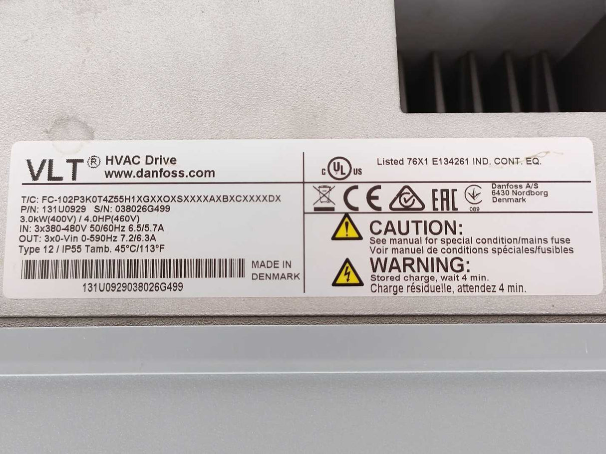 Danfoss 131U0929 FC-102P3K0T4Z55H1XGXXOXSXXXXAXBXCXXXXDX Frequency Converter