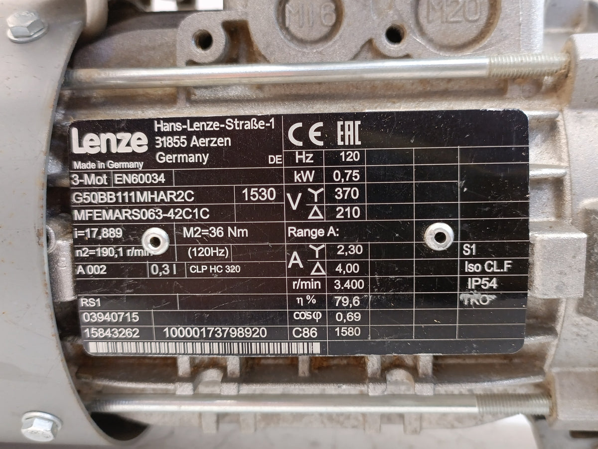 LENZE G50BB111MHAR2C 0,75kW Geared Motor, i=17,889