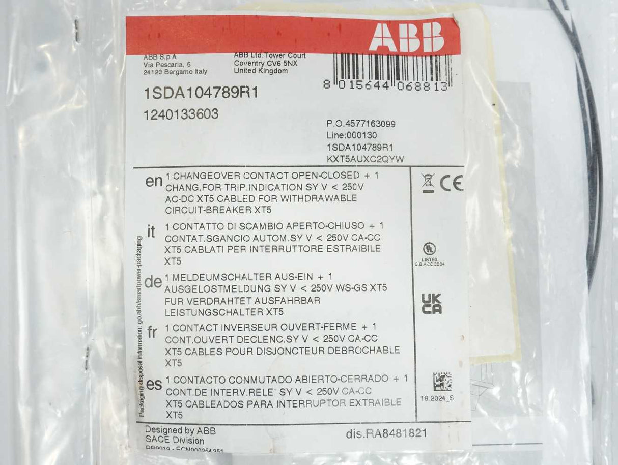 ABB 1SDA104789R1 Changeover Contact for XT5 Withdrawable Circuit Breaker